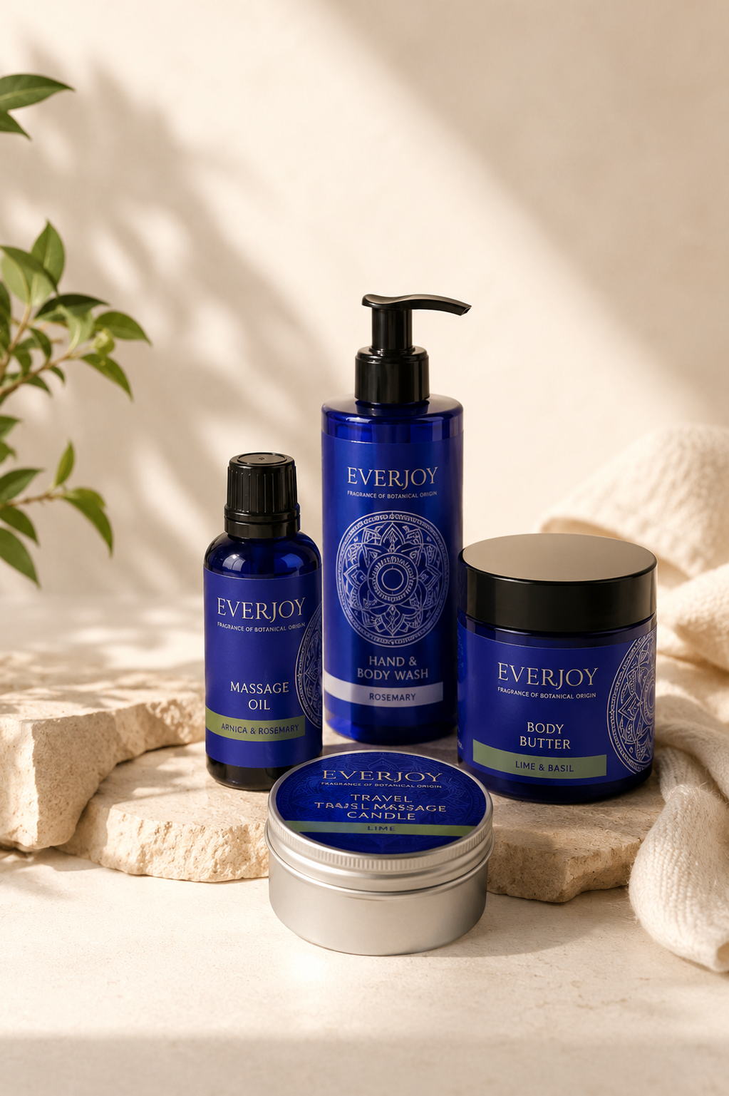 EVERJOY body-care essentials on a linen surface
