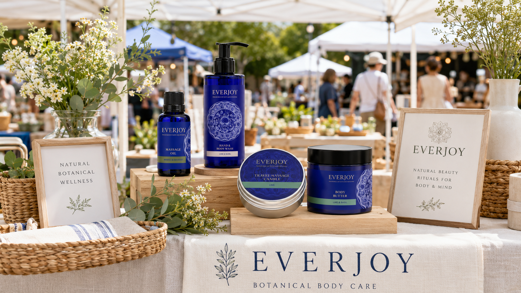 Everjoy wellness collection displayed under warm string lights at a Johannesburg market