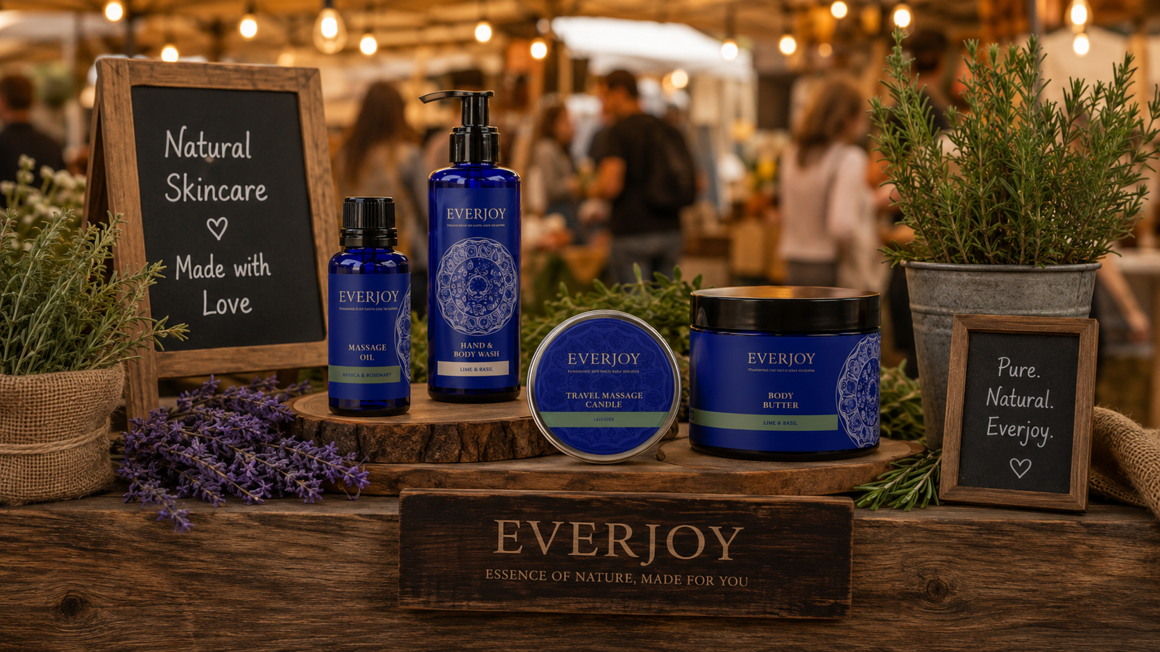 Everjoy products arranged on a wooden table at a bustling Cape Town market