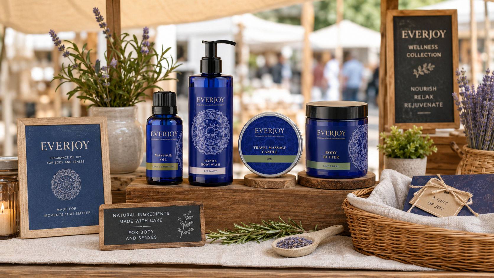 Everjoy candles and body care on a linen-draped stall at a Cape Town harbour market