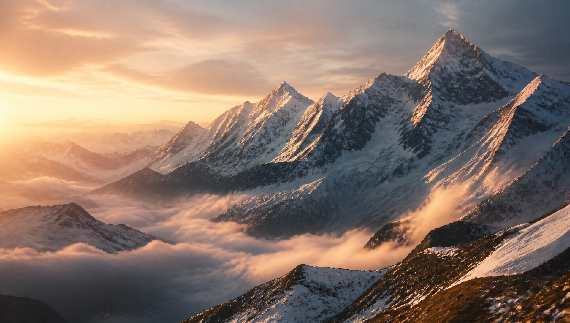 Swiss Alps mountain range at dawn with snow-capped peaks and misty valleys